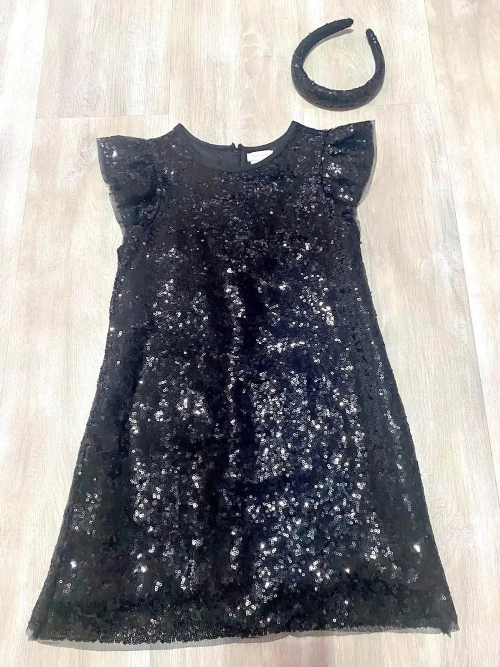 Tahari Black Sequin Dress with Flutter Sleeves
